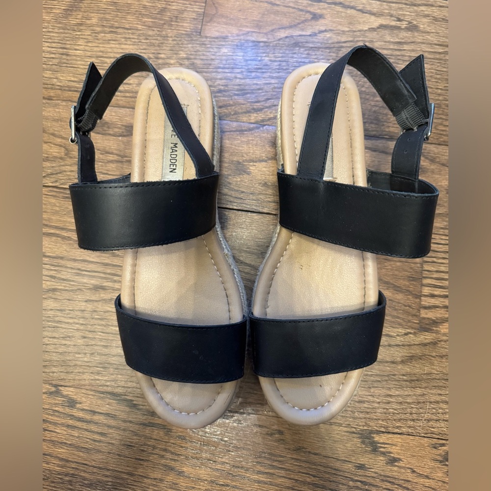 Steve Madden Fifer Espadrille Platform Sandals Black Leather Size 9 - Picture 3 of 7